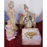 A small selection of ceramic items comprising two porcelain figures depicting Japanese ladies, a