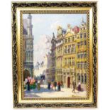 A gilt framed oil on board, depicting a busy continental street scene with tall buildings and flower