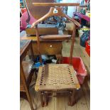 A vintage Italian stained wood combined valet stand and string seated chair, set on a folding base -