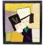 A framed vintage 'folk art' patchwork panel picture with embroidered detail, depicting an Eastern