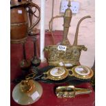A selection of brassware and other collectable items including cast brass Cries of London pipe rack,