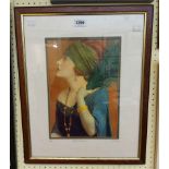 P. Flux: a framed coloured oleograph print, depicting Gloria Swanson in profile holding peacock