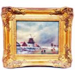 Jan Van Hessel: an ornate gilt framed oil on panel, depicting a Dutch winter scene with windmills