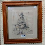 F. Jeffery: an antique maple framed drawing, depicting a young countryman seated on a pig bench