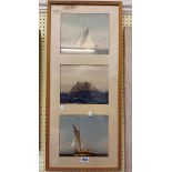 A framed triptych of photographs, depicting the sailing vessel 'Falmouth Bay II' and view of