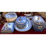 A quantity of blue and white transfer printed china including Wedgwood willow vegetable tureen,