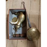 A small box containing a quantity of metalware including antique brass chestnut roaster, miniature