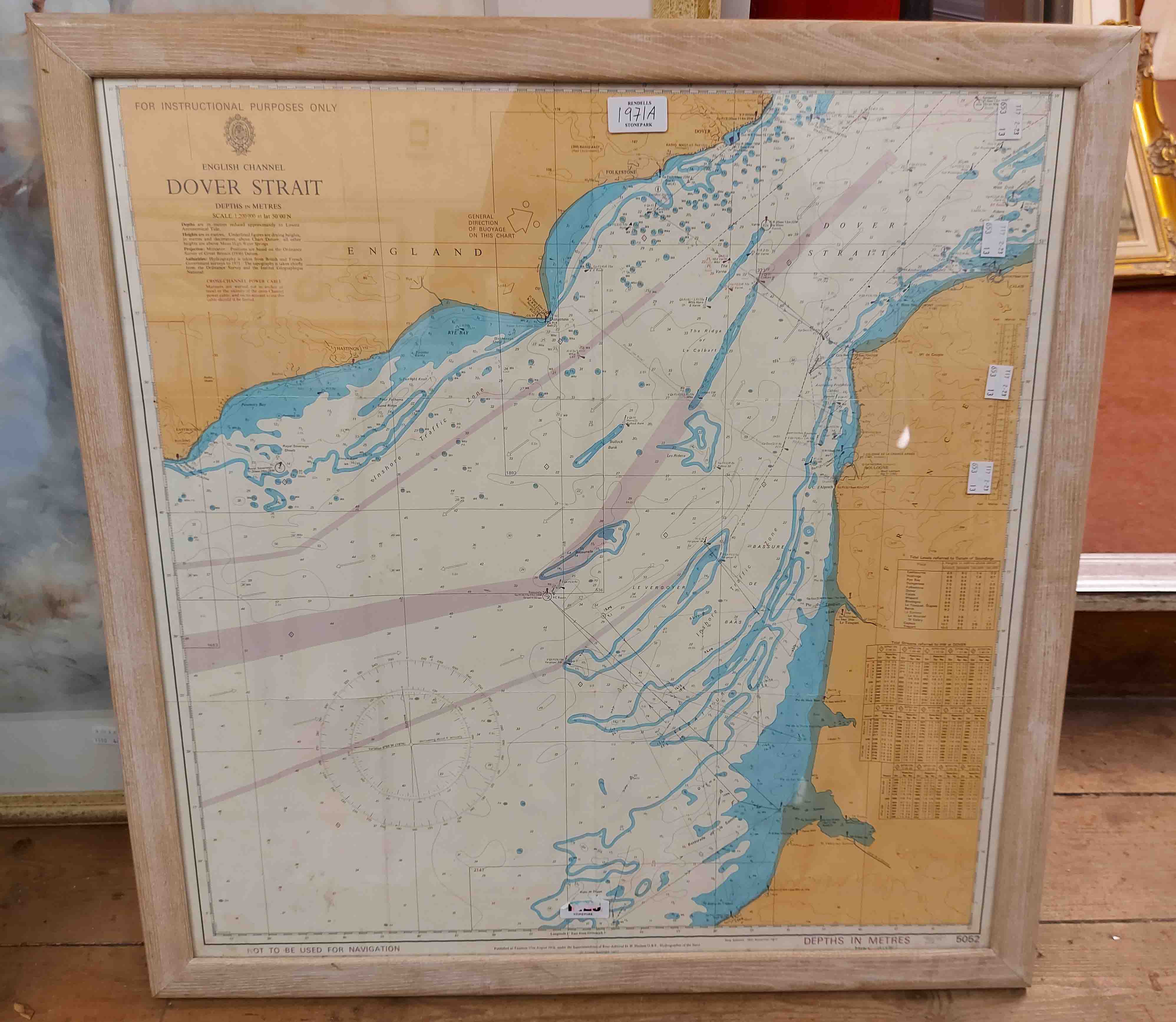 A framed vintage coloured nautical navigation map of Dover Strait - 'under supervision of D.W.