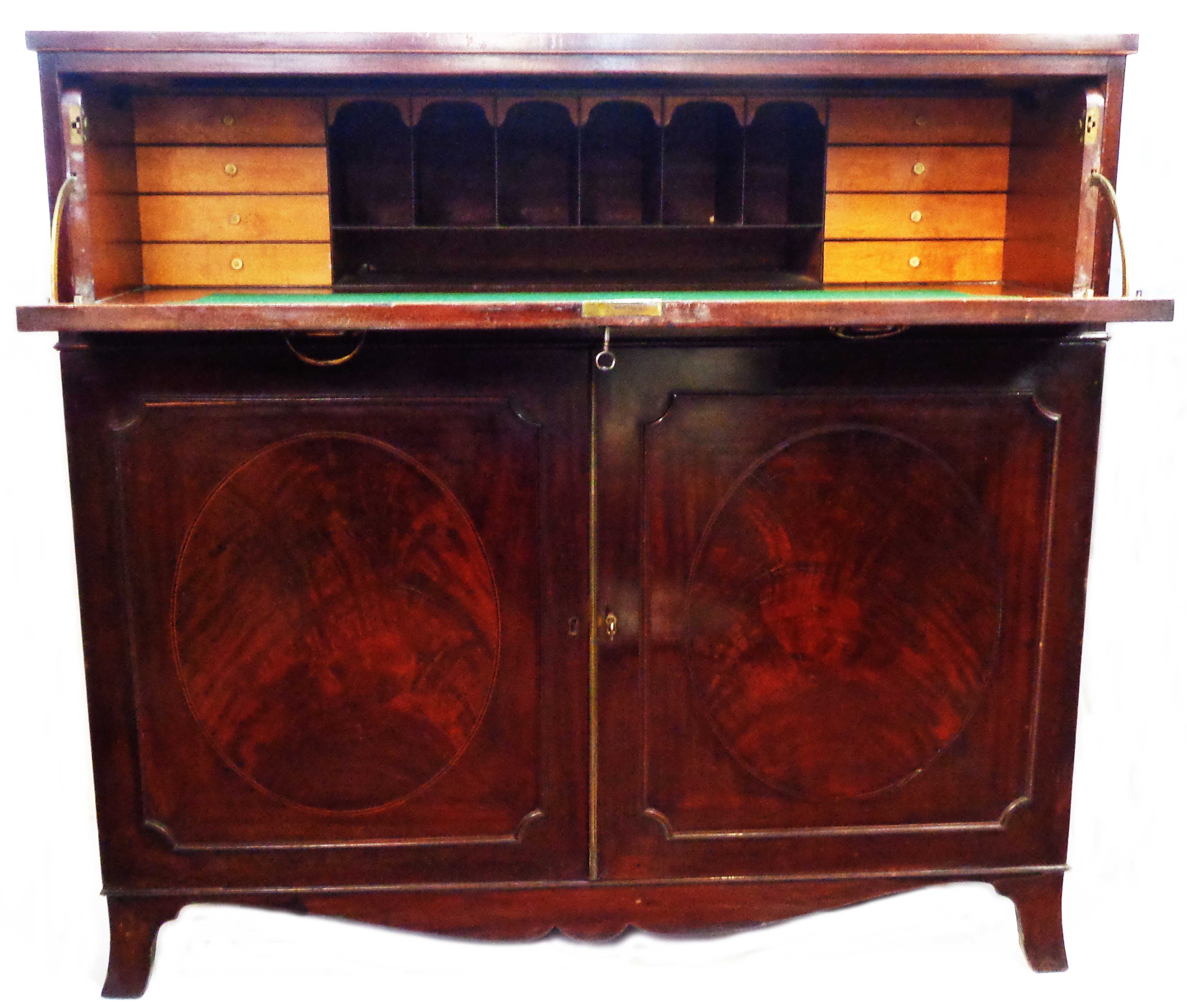 A 1.16m George III mahogany and strung secretaire press chest with satin wood faced fitted