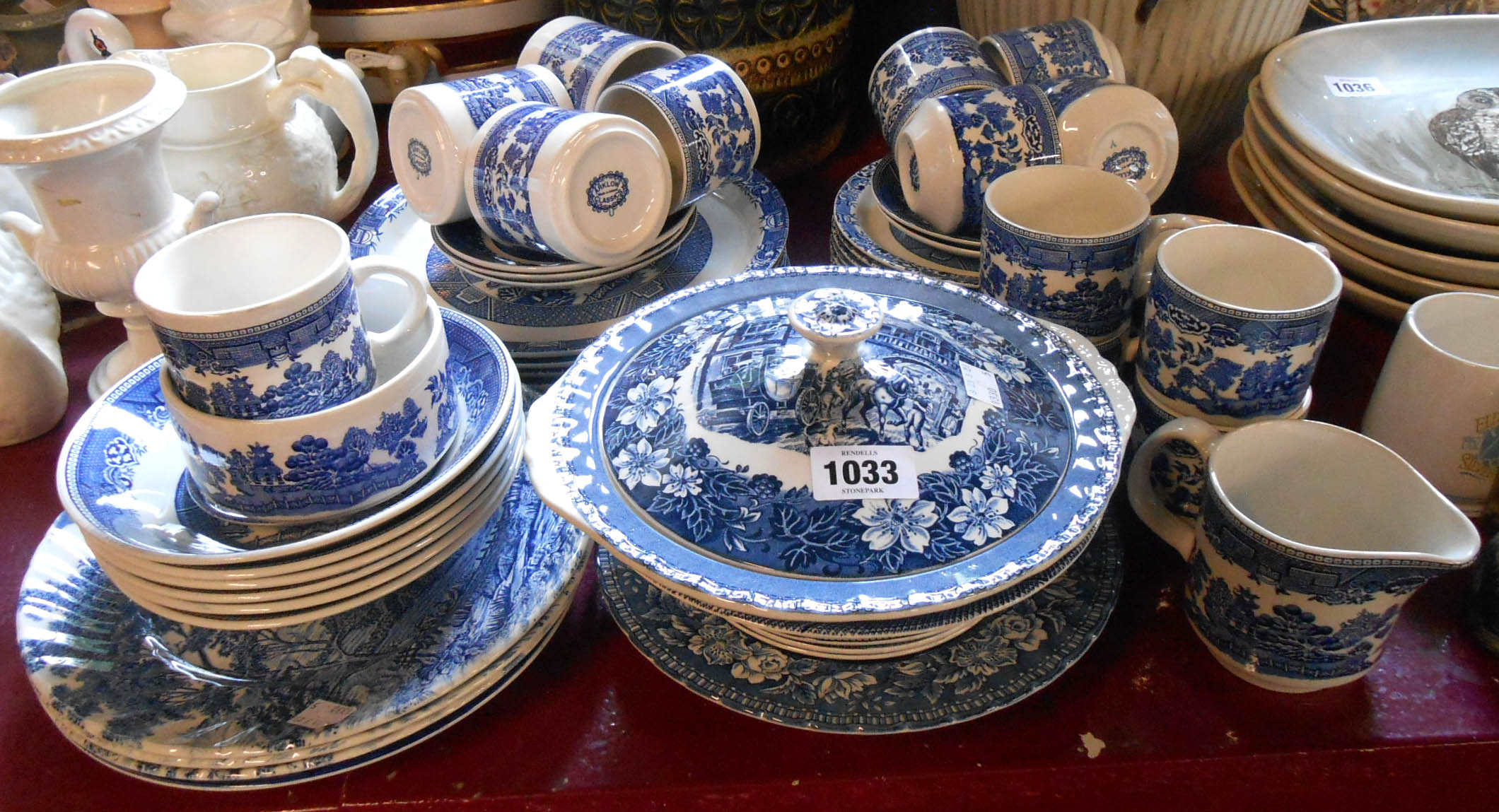 A quantity of assorted blue and white transfer printed china including Royal Tuderware, Arklow,