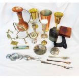 A box containing a quantity of silver plated and other items including goblets, hip flask a/f, etc.