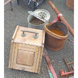 An old wooden coal box - sold with a metal coal scuttle and a galvanised mop bucket