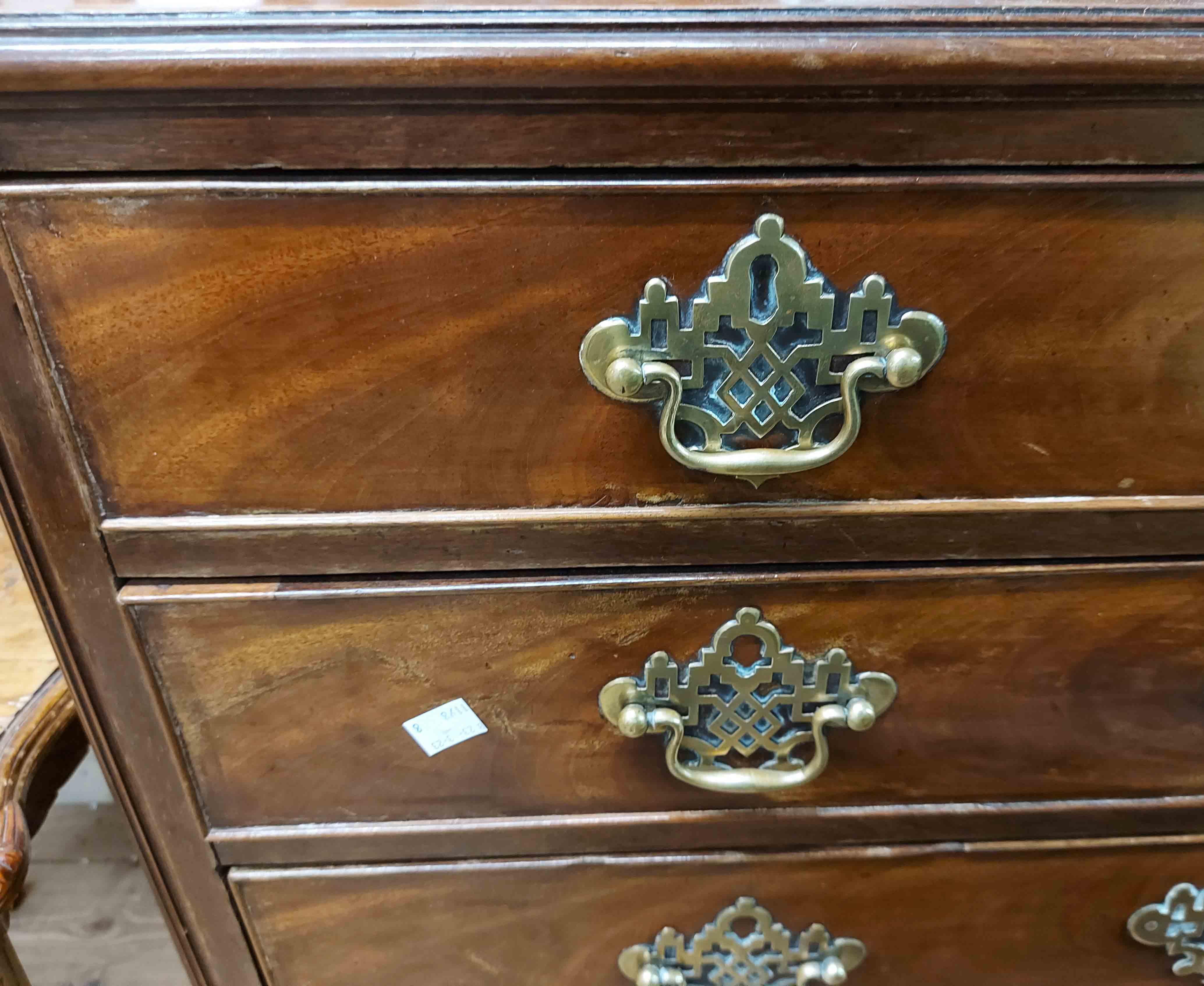 A 92cm late 18th Century mahogany chest of two short and three long graduated drawers with pierced - Image 3 of 3