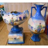 A large ceramic pedestal vase of urn form with transfer printed and hand painted Dutch scene