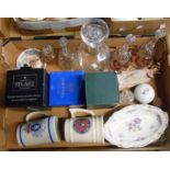 A box containing a quantity of assorted ceramic and glass items including boxed Welsh crystal egg,