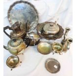 A box containing a quantity of silver plated items including teaware, footed bowl, etc.