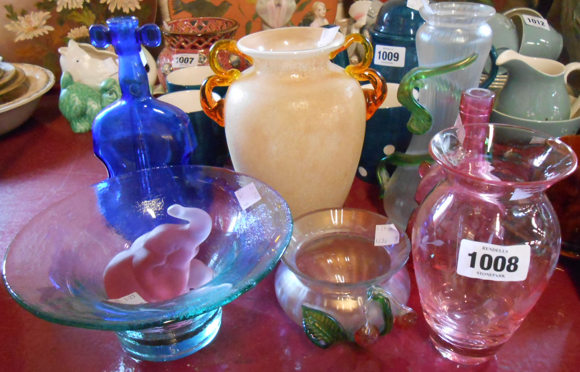 A small selection of assorted glassware including late 19th Century lustre finish vases with applied