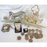 A box containing a small quantity of silver plated items including two pheasant table ornaments,