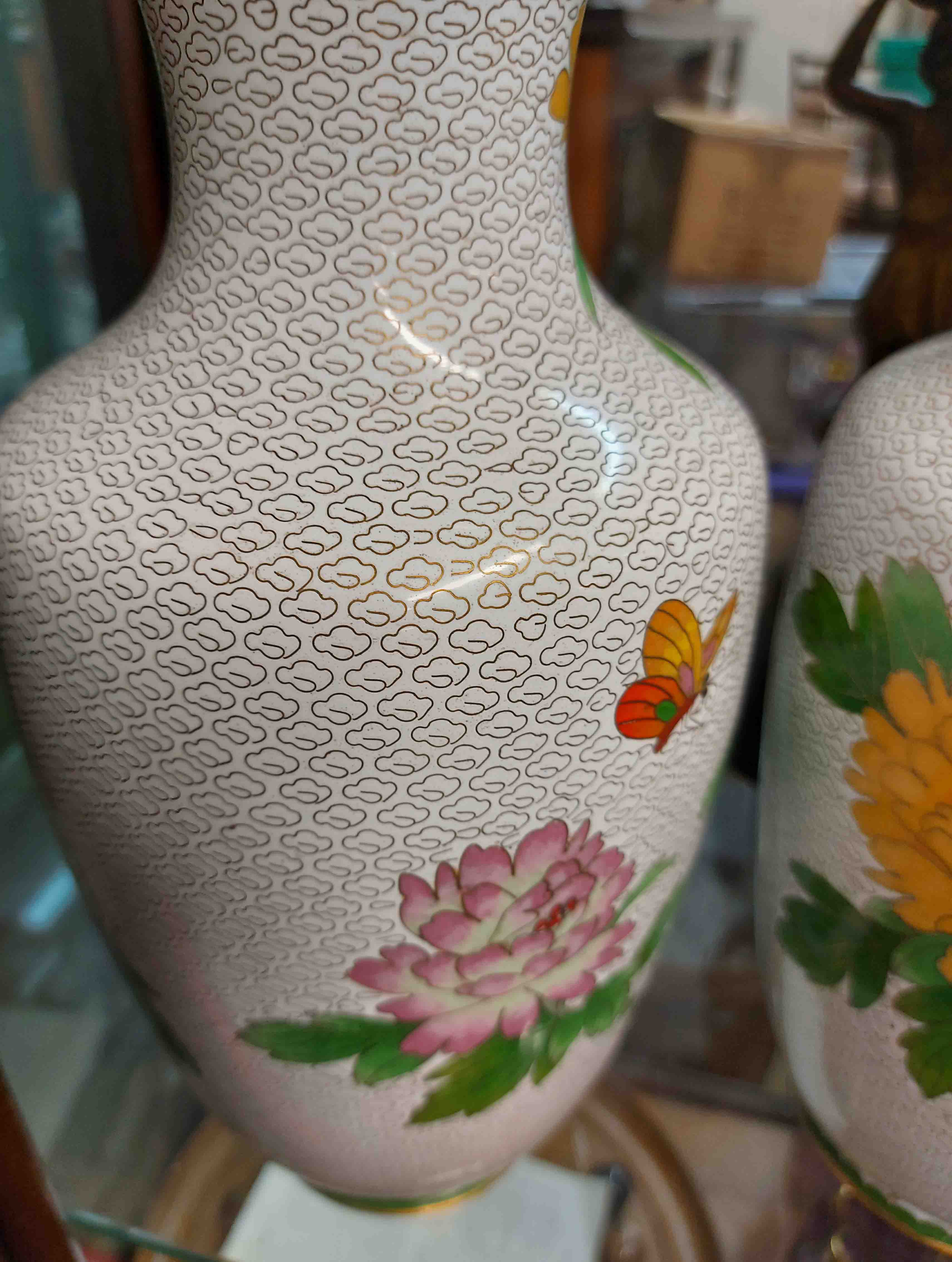 A pair of late 20th Century Chinese cloisonne vases of baluster form with bold floral sprays and - Image 2 of 2