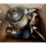 A box containing a quantity of brass and copperware including brass miner's lamp, oil lamp, etc.