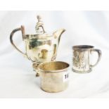 A marked 'Gorham sterling' mug, a silver plated similar and a plated jug with seated greyhound