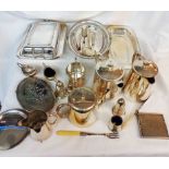 A box containing a quantity of silver plated items including entree dish, condiments, teaware and