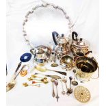 A box containing a quantity of silver plated items including teaware, cutlery and large tray, etc.