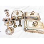 A pair of silver plated entree dishes and another (1 handle a/f) - sold with a pair of plated copper