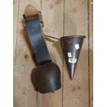 An antique copper wine or cider muller of conical form with wrought iron handle - sold with an old