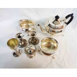 A silver plated three piece tea set and other plated items