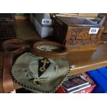 An old carved oak church offertory box - sold with a carved oak offertory pouch with embroidered