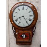 A late 19th Century inlaid walnut cased drop dial wall clock, with added battery movement