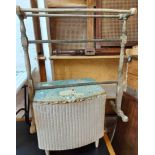 A vintage Lloyd Loom locker laundry basket with original white sprayed finish - sold with a pine