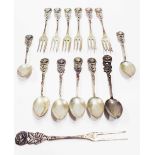 Six each Antiko (German) 800 grade ornate coffee spoons and cake forks and a matching pickle fork,