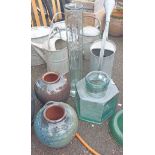 Two pottery urns, a glass jar and a pasta jar