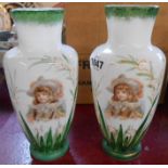 A pair of Victorian milk glass vases with central transfer printed panels depicting a young man in