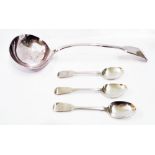 Three antique silver teaspoons - various condition - sold with a large silver plated fiddle