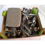 A box containing a quantity of silver plated items including a marked 800 rimmed wooden pot, cutlery