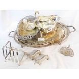 Three silver plated trays, a pair of gravy boats, toast rack and other plated items