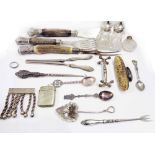 A bag containing silver and white metal and plated items including nail buff, button hook, cutlery