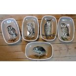 Five Stuart Bass (Exmoor) pottery squared oval dishes, each decorated in sgraffito and slip with