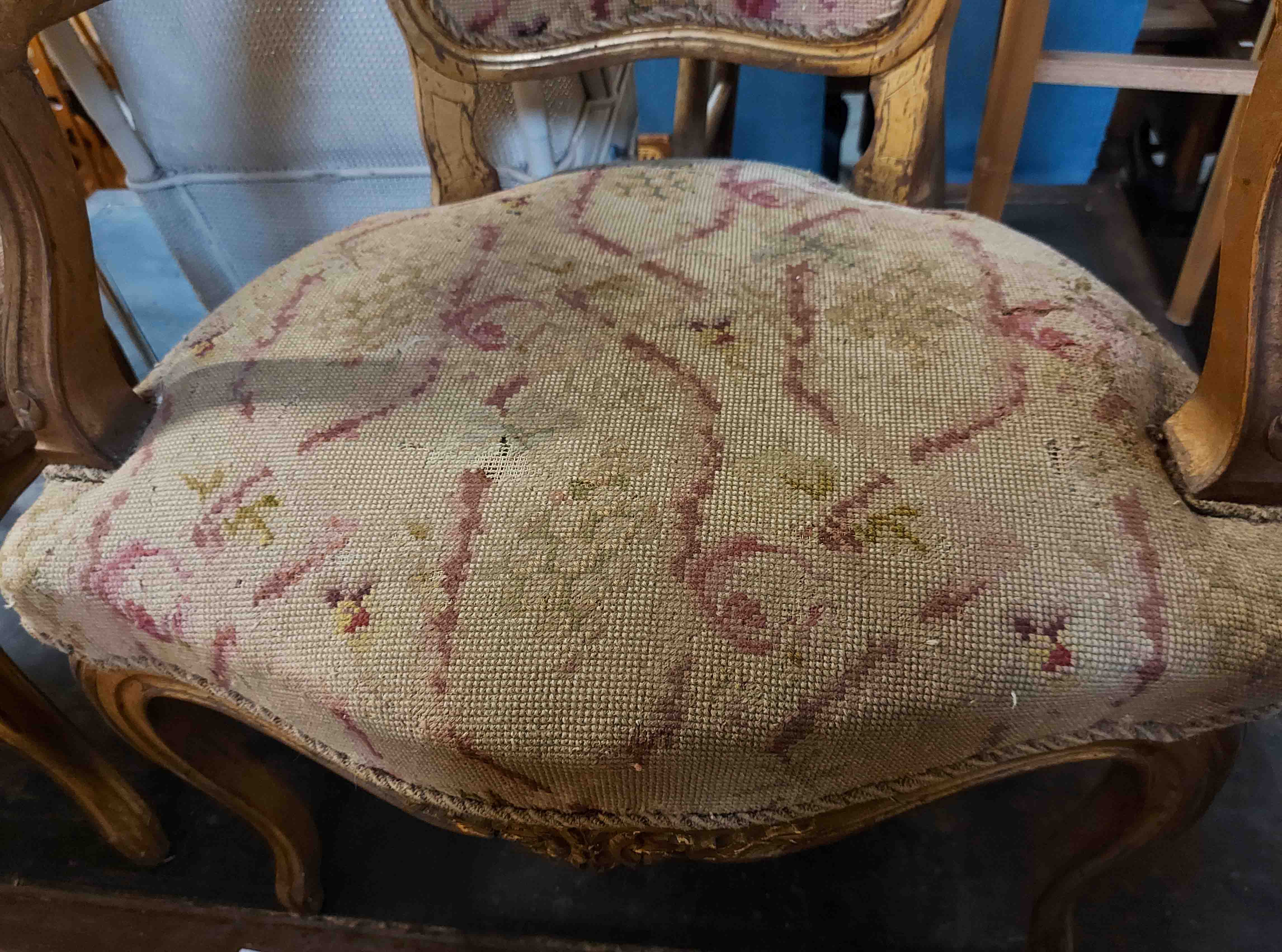 A pair of 20th Century giltwood fauteuil chairs in the Louis XV style with floral woolwork - Image 2 of 3