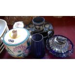 A small quantity of assorted glass and ceramic items including Poole Pottery biscuit barrel, dark