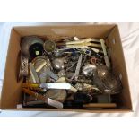 A box containing a quantity of silver plated items including cutlery, bowls, small trophy cup, etc.