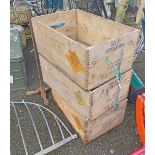 Three vintage wooden detonator boxes with stencilled details and flanking rope handles