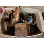 A box containing a quantity of assorted metalware and other collectable items including trench art