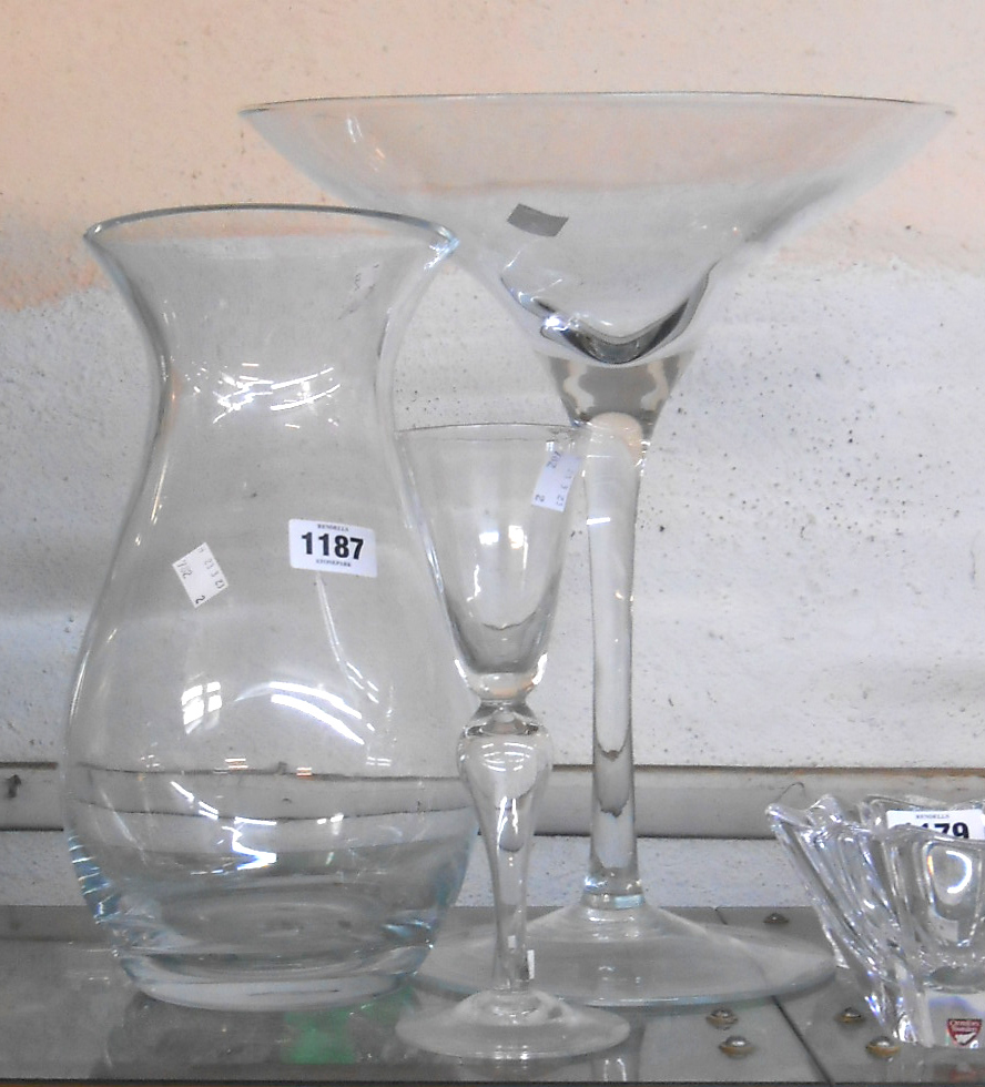 A large freeform glass vase - sold with another glass vase and a hollow stem goblet
