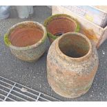 An old terracotta rhubarb forcer - sold with two terracotta plant pots