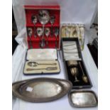 A cased Mappin & Webb silver fork and spoon set - sold with an Asprey's silver pin tray (with
