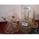 An old glass double pour oil and vinegar bottle with silver collars - sold with a quantity of